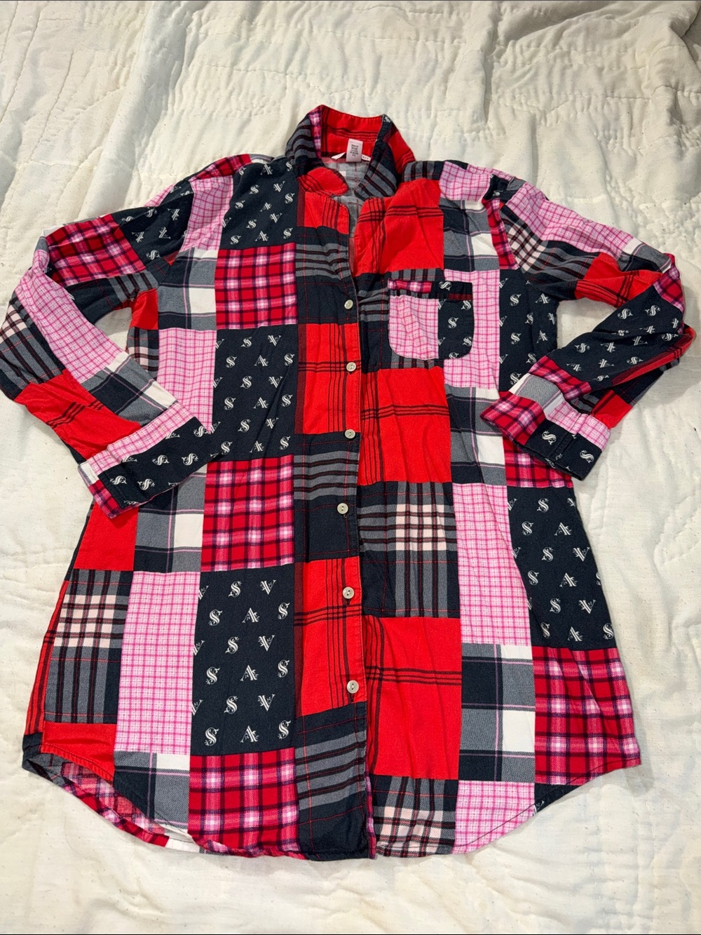 Victoria's Secret Dreamer Patchwork Plaid Flanner Sleep Shirt Dress Red Pink S